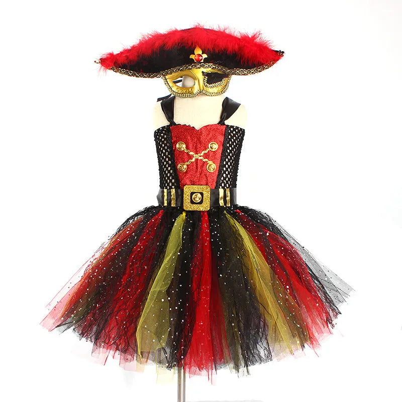 Girls pirate costume dress with sequin trim and gauze panels in sleeveless design for Halloween events