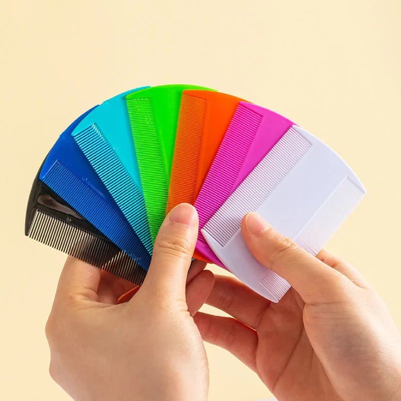 Fine-toothed double-edged plastic lice and flea comb in multiple colours