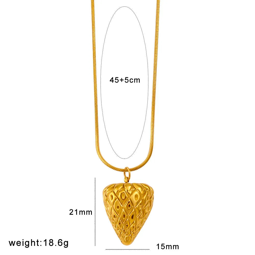 Women's stainless steel fruit necklace with apple, grape, watermelon, pineapple, strawberry, banana pendant designs on regular chain.