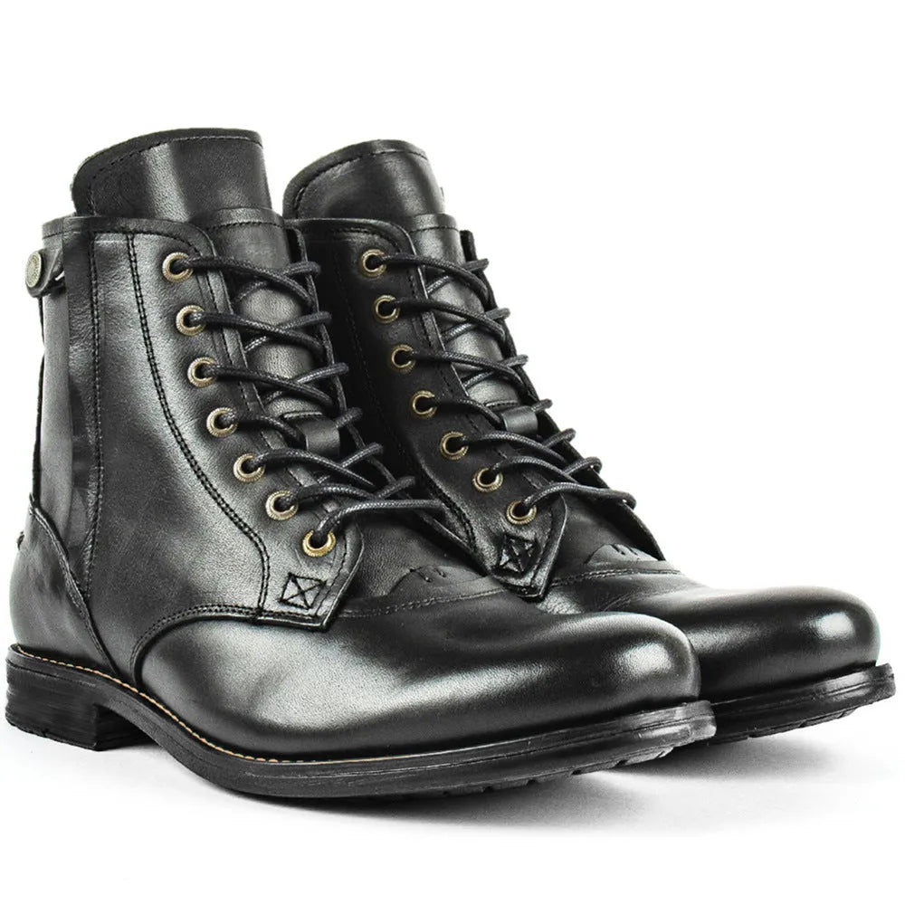 Knight Series black leather boot with side zipper and low heel on a plain background.