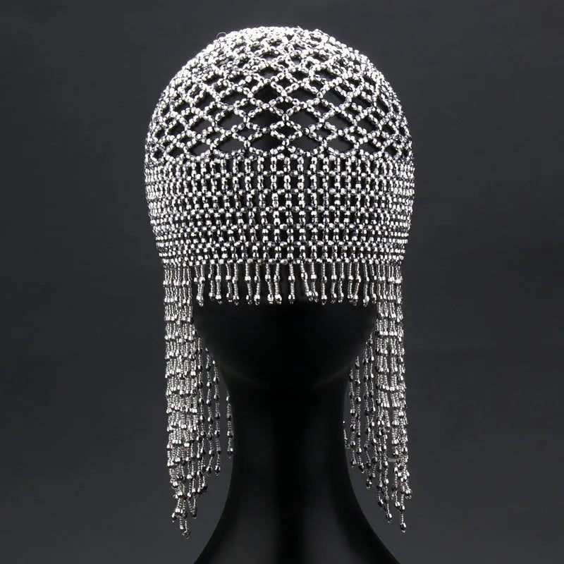 Handmade alloy belly dance hair ornament with decorative tassels in black or silver colour