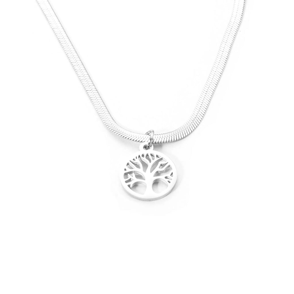 Gold tone lucky tree pendant necklace on a textured snake chain against a plain background.