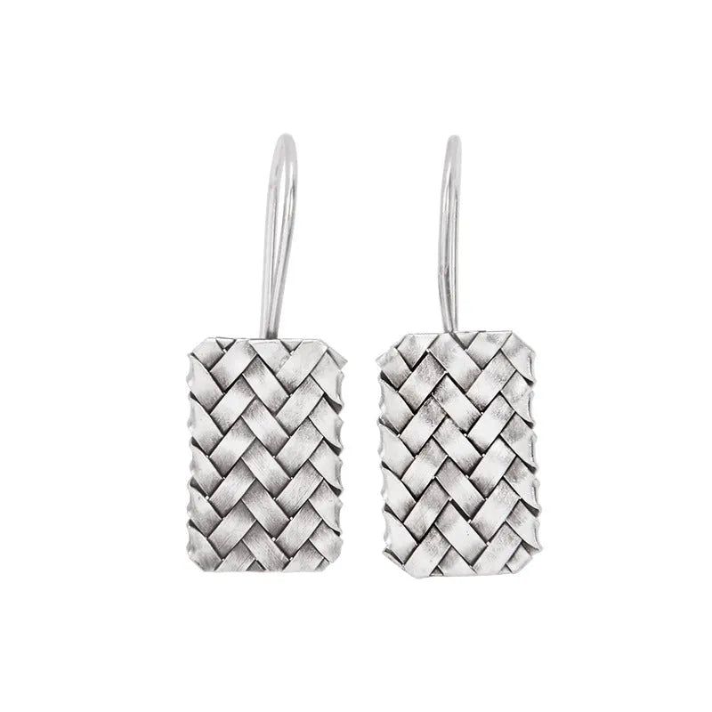 Geometric woven diamond plaid earrings in silver tone with 17.5mm height