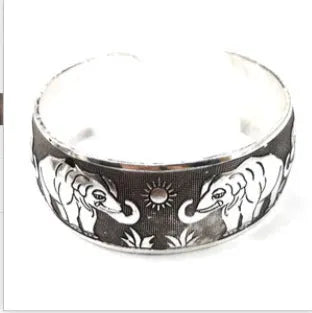 Ethnic Miao silver carved open bracelet with Roman shape design in alloy construction