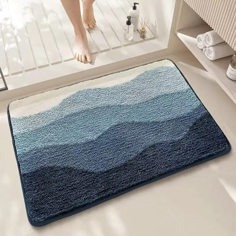 Sky Sea colour Rainbow print imitation cashmere floor mat with plastic anti-slip bottom, shown in square format.