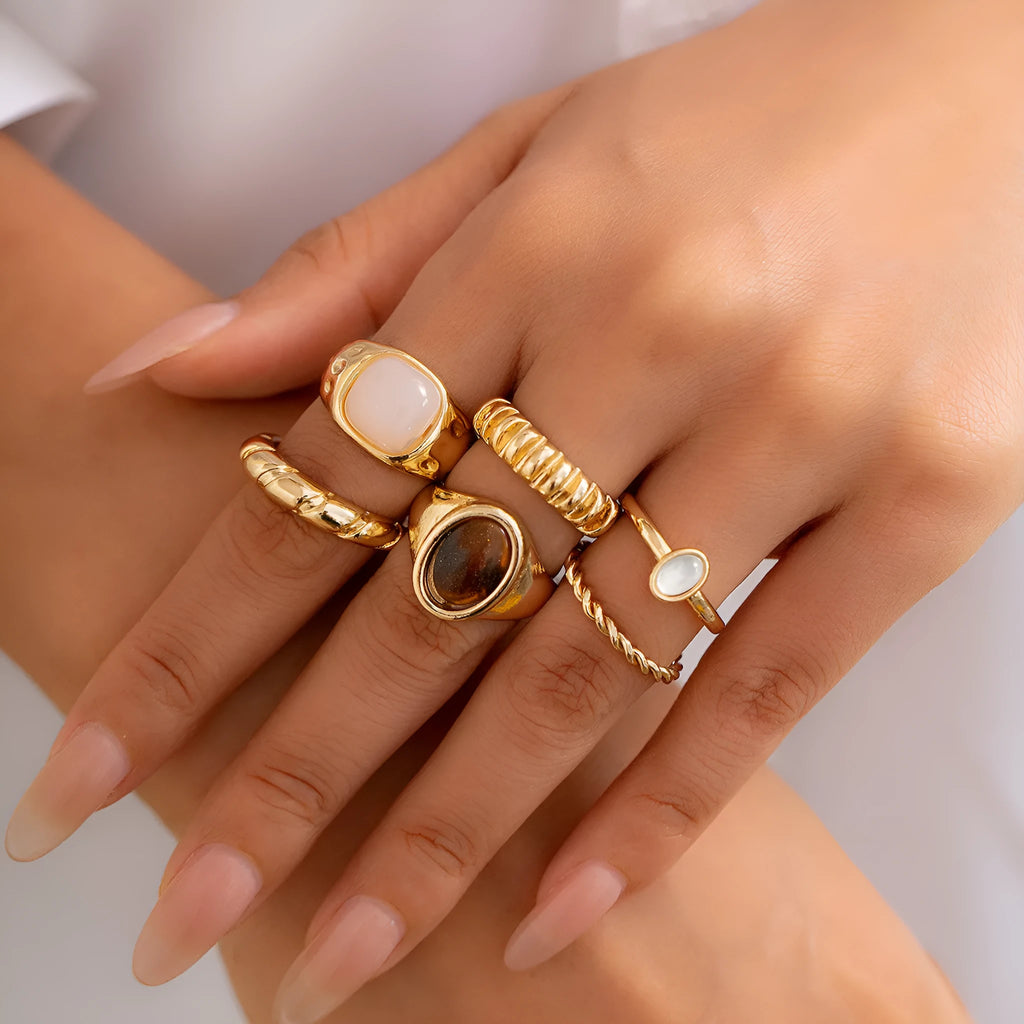 Light gold geometric ring set with six irregular alloy rings electroplated finish