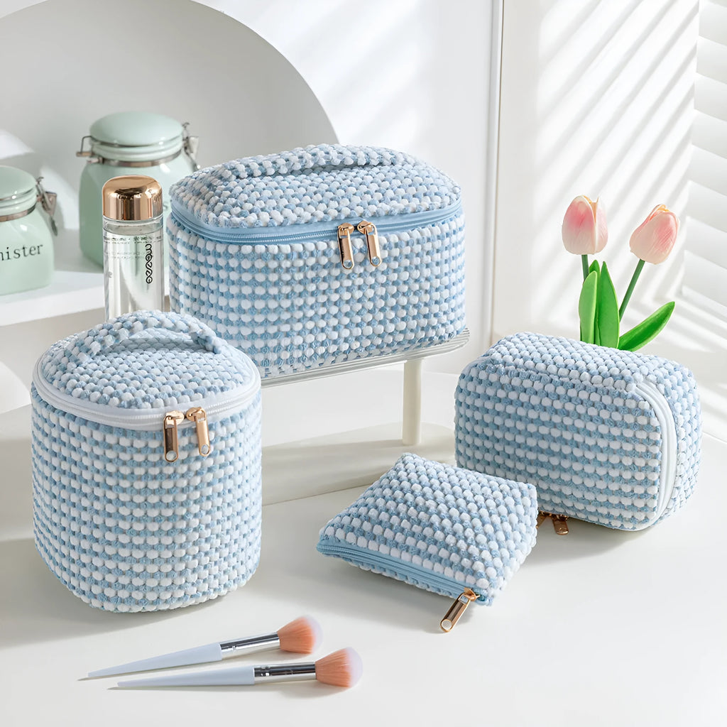 Flannelette makeup bag four-piece set in cube style with polyester construction