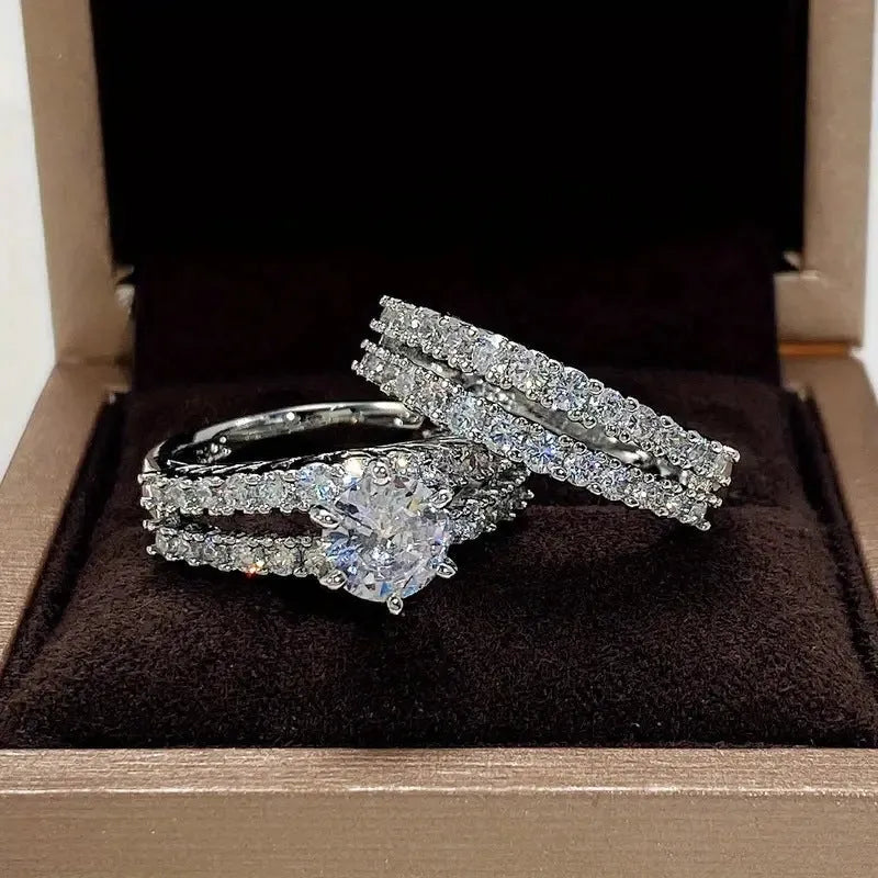 Women's 2-in-1 fully jewelled ring set in geometric round design with diamond treatment on alloy
