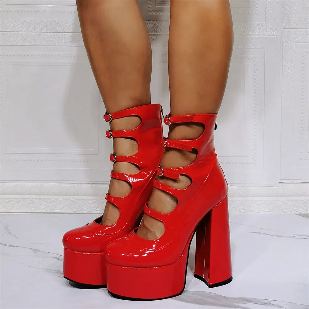 Women's waterproof platform high heel boots with serpentine belt buckle in patent leather