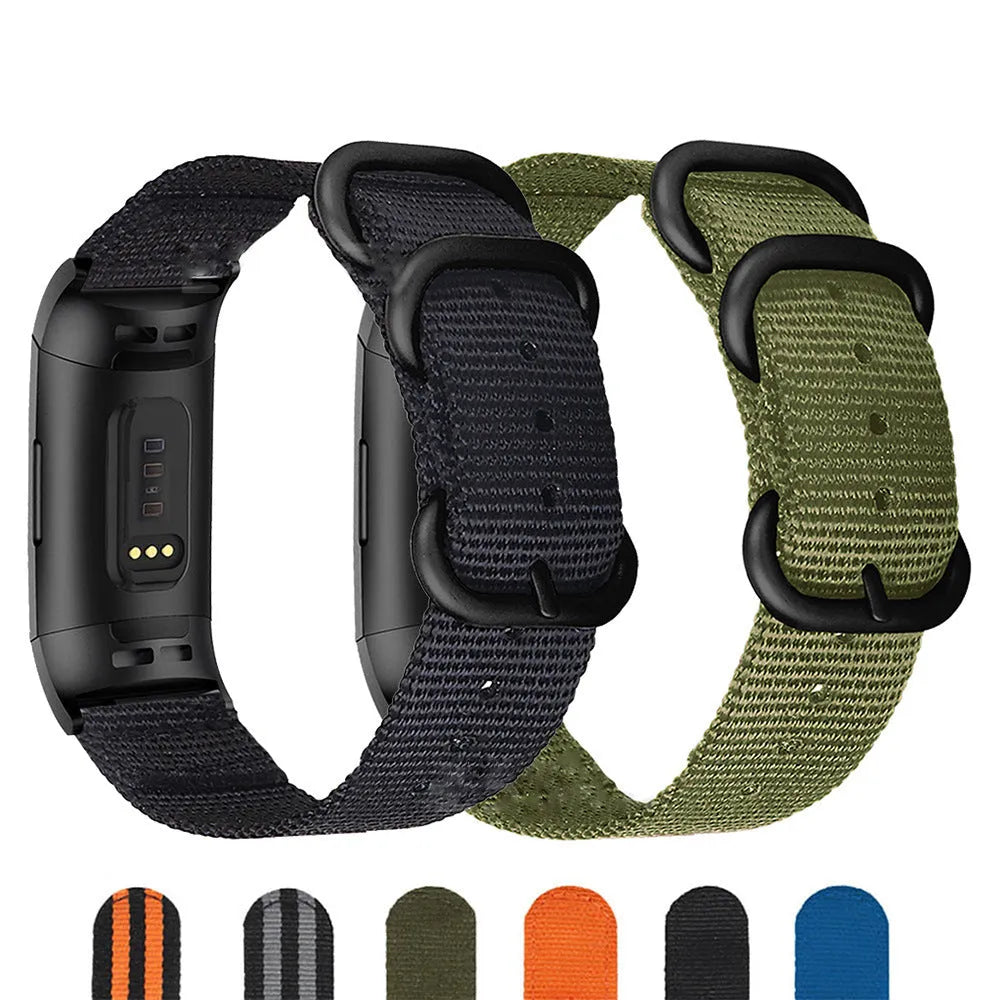 Fitbit Charge nylon replacement strap with three-ring buckle in Army Green colour