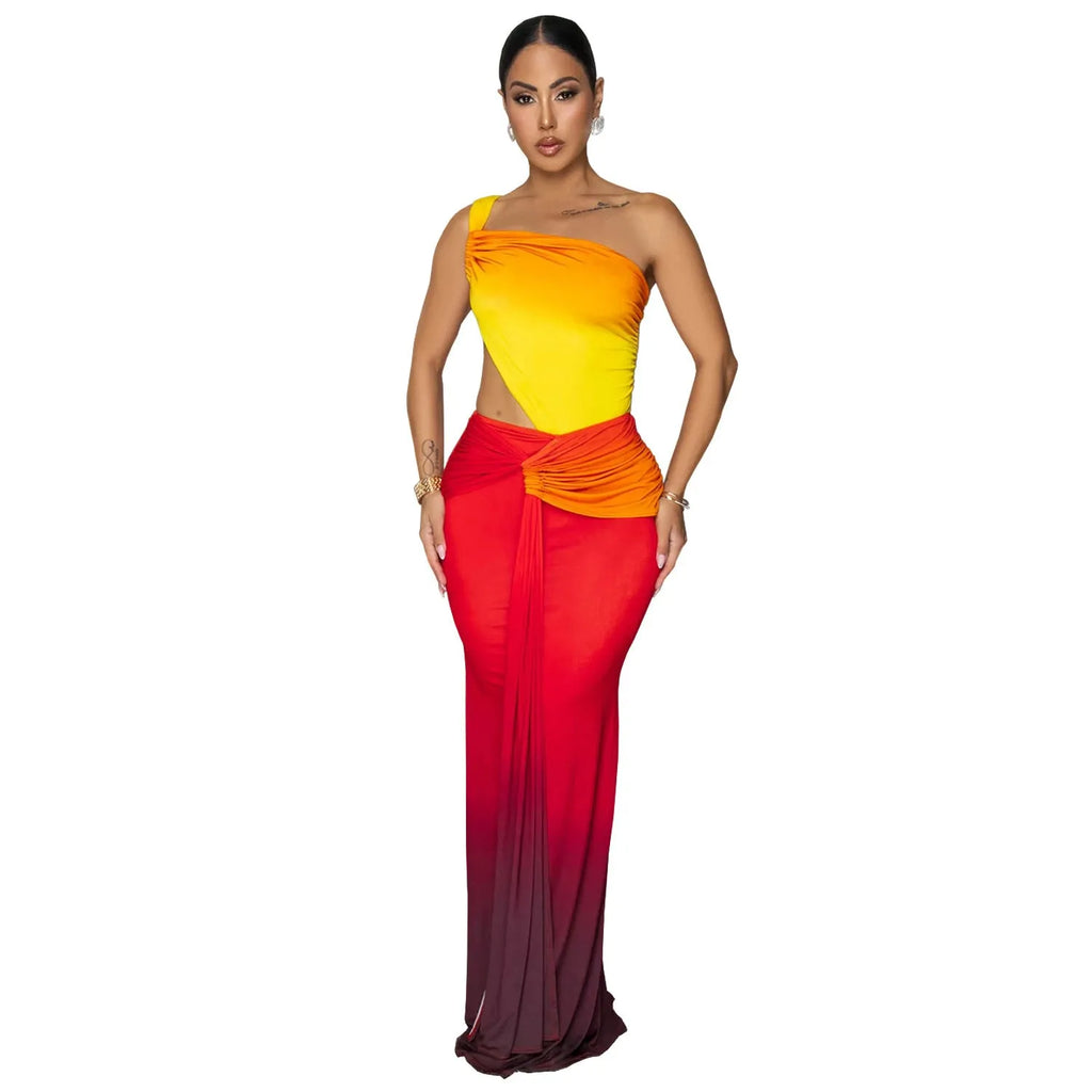Women's gradient colour cross-shoulder summer dress in polyester fabric
