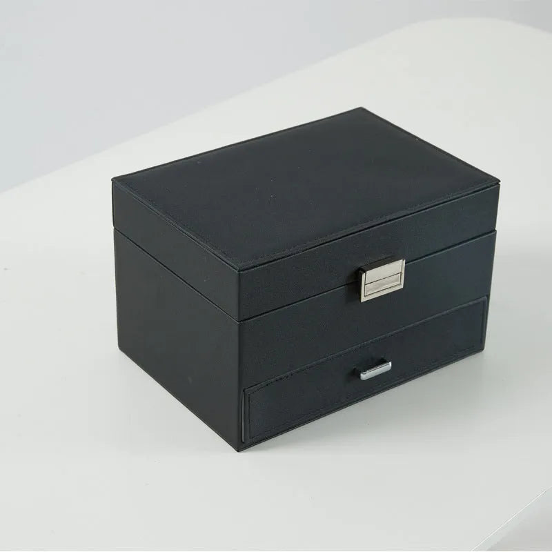 Hard-shell PU leather jewellery storage box in beige, black, pink, and rose gold colour options.