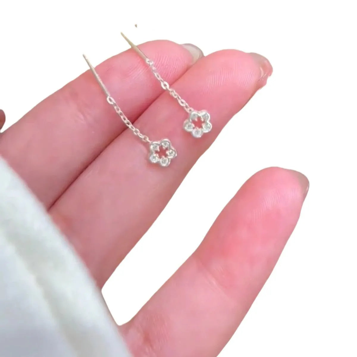 Silver colour hollow floral drop earrings with natural petal design and flower studs