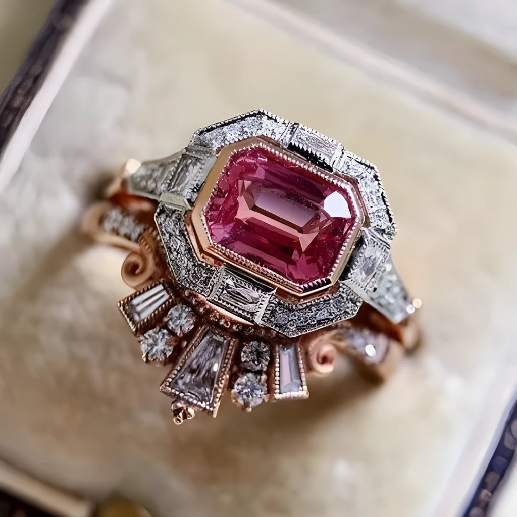 Rose gold women's retro ring with ruby accent on geometric alloy band