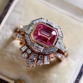 Rose gold women's retro ring with ruby accent on geometric alloy band