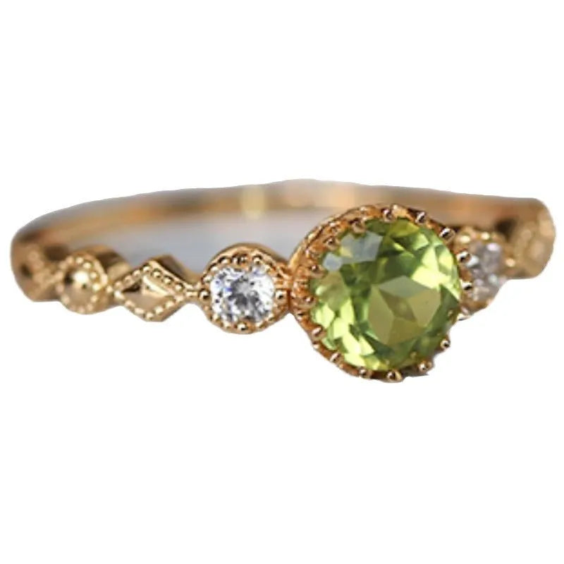 Geometric quadrilateral copper ring for women with imitation peridot stone, Japanese retro style.
