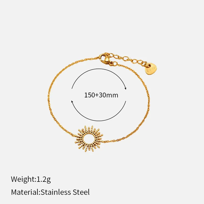 Gold plated stainless steel sunflower necklace and bracelet set with geometric chain design for women