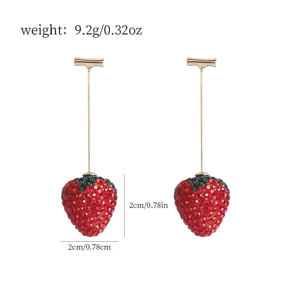 Geometric strawberry-shaped alloy earrings with spot-drill texture, shown in red colour.