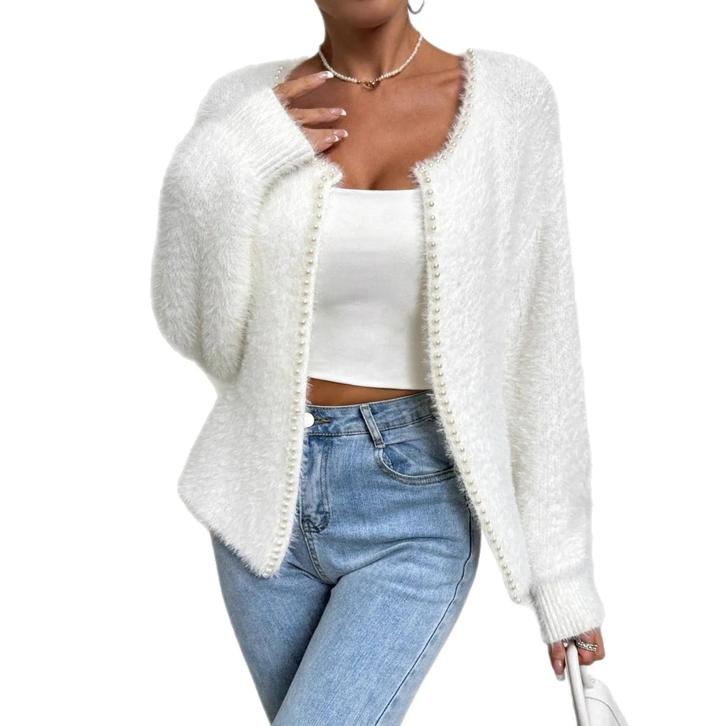 White women's V-neck cardigan with bead details, shown as a knitwear coat.