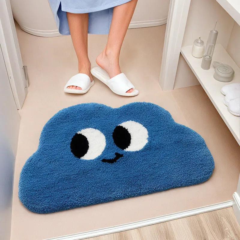 Thickened cashmere-like bathroom mat with cartoon cloud pattern in green, black, white, pink, and blue colours