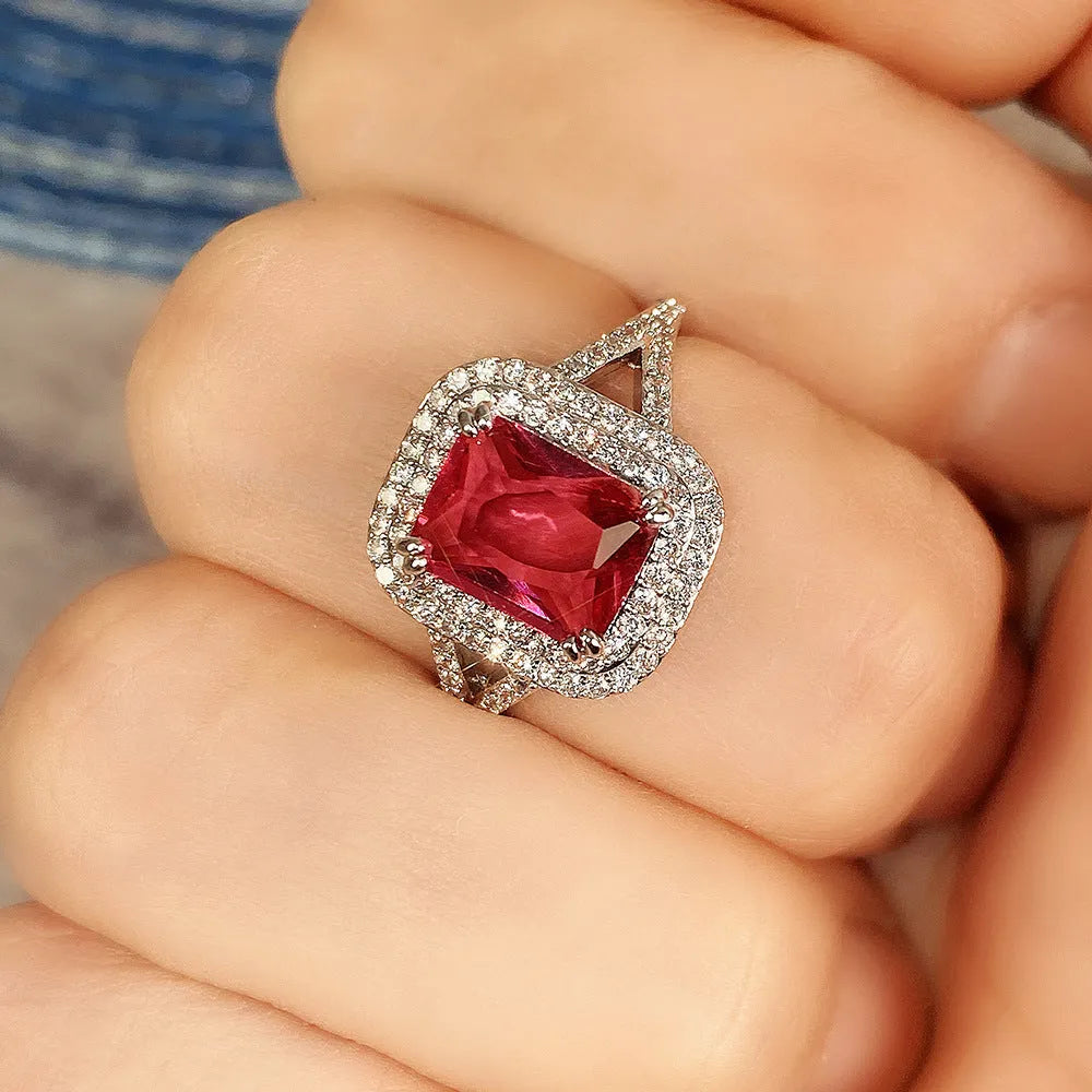 Copper square princess ring with red rhinestones, shown in size selection.