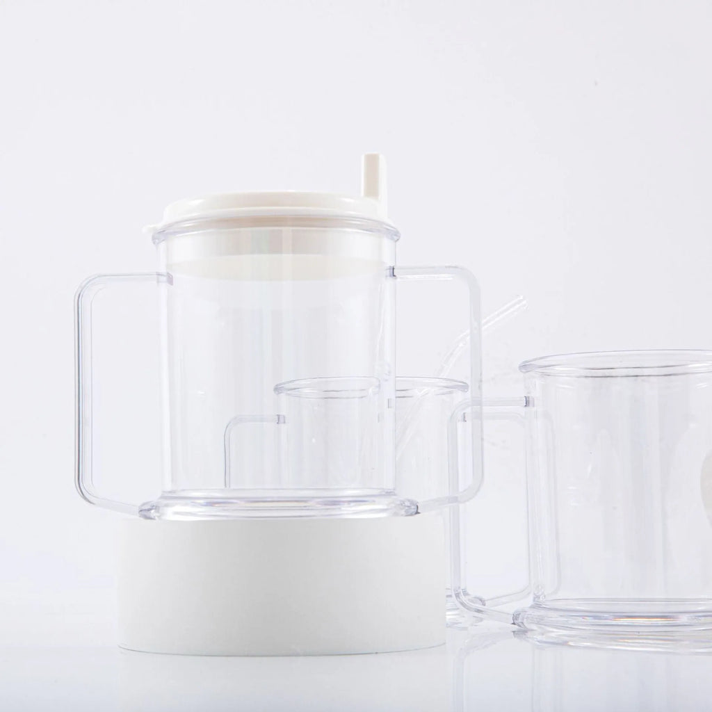 Transparent solid colour spill-proof drinking cup made from lightweight PP material.