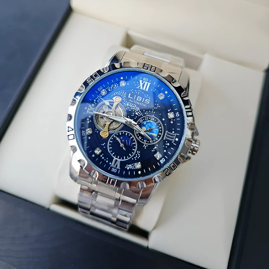 Men's silver case automatic mechanical watch with black starry dial and luminous hands on genuine leather strap