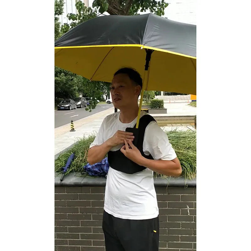Black portable umbrella holder with fixed shoulder strap for 10-bone manual umbrellas on a mannequin.