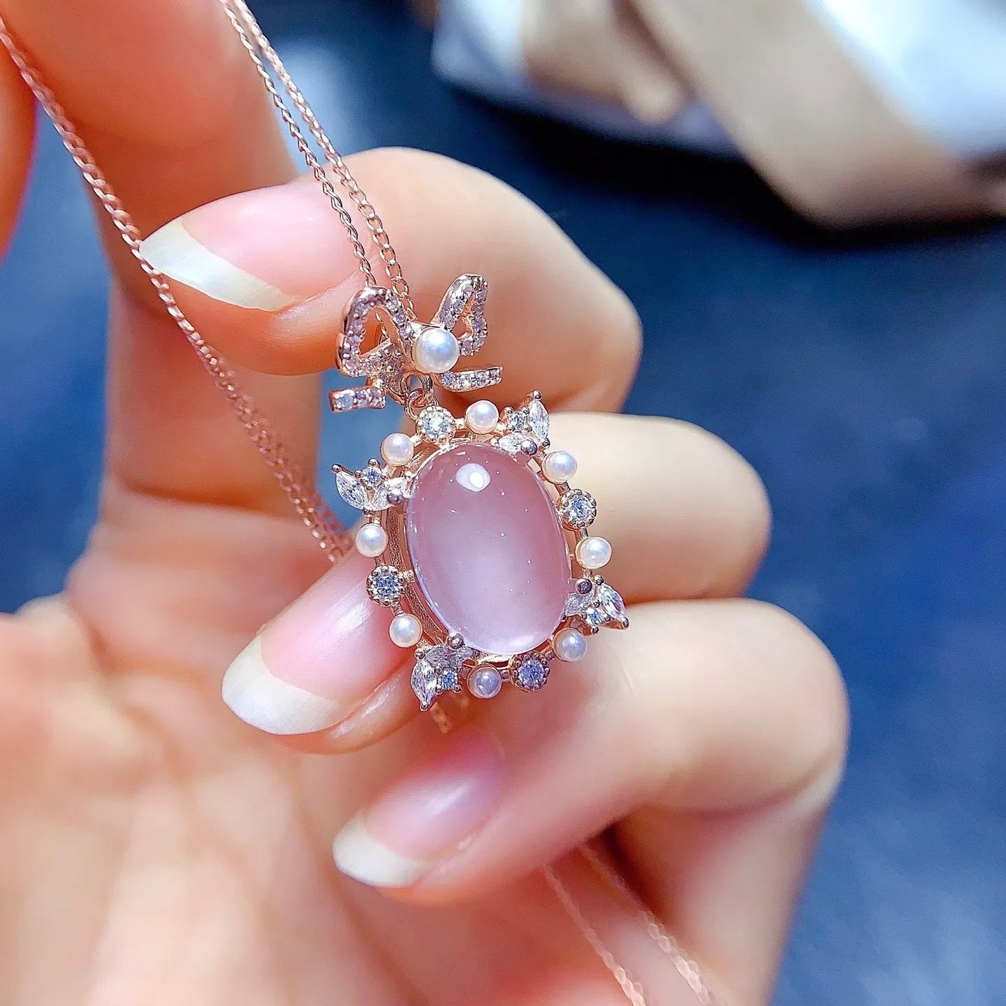 Geometric rose quartz pendant on 925 silver chain with rose gold plating