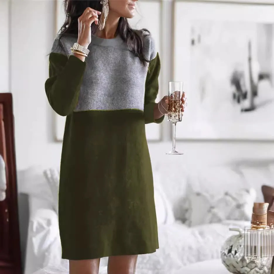 Brown women's sweater dress with patchwork skirt and long sleeves in retro style