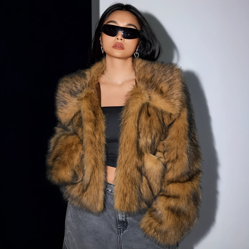 Artificial fur coat with fur collar in short 40cm length showing black tip on black colour variation