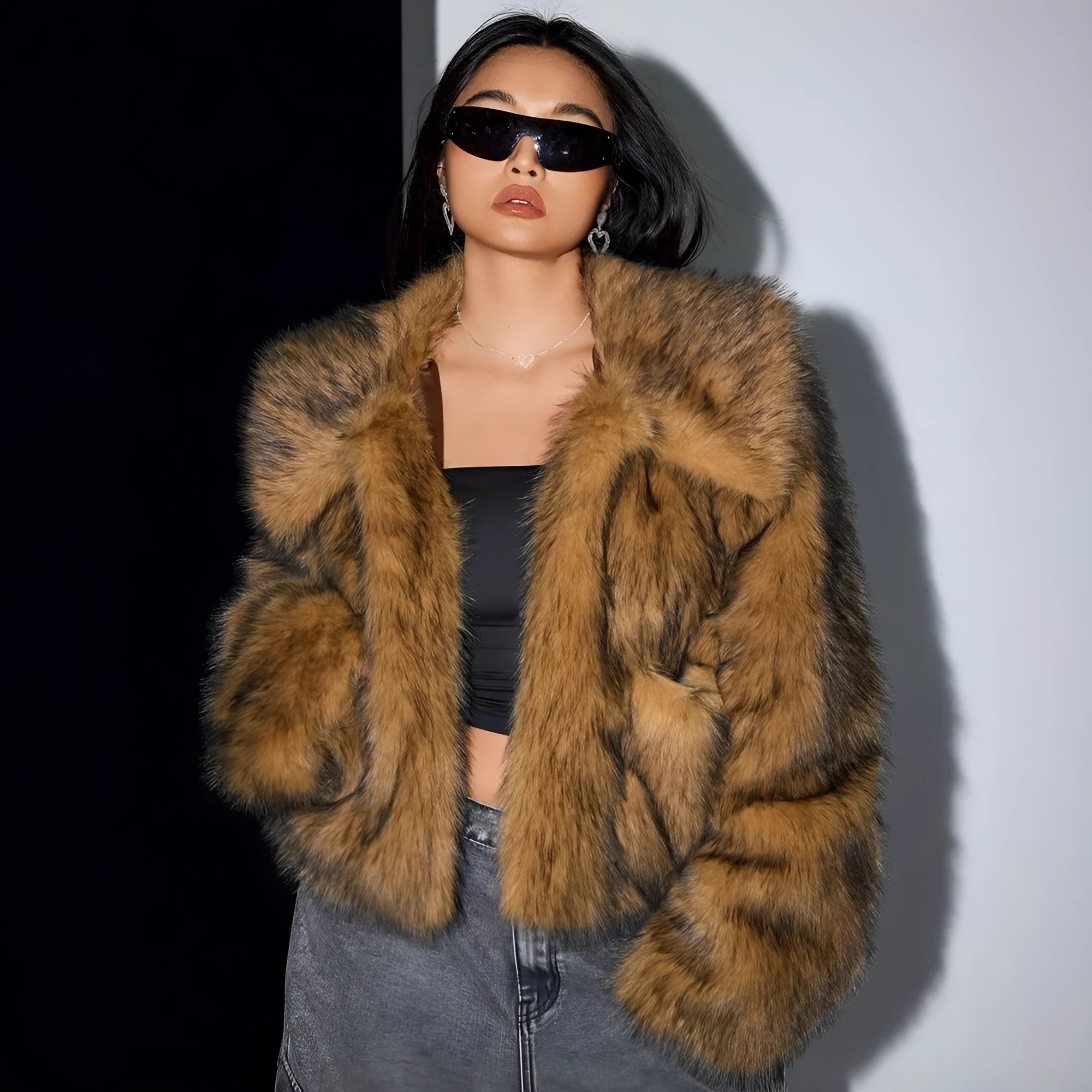 Artificial fur coat with fur collar in short 40cm length showing black tip on black colour variation
