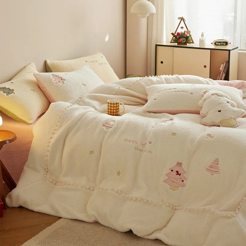 Milk fibre four-piece bedding set with green Christmas tree pattern showing fitted sheet, quilt cover and pillowcase