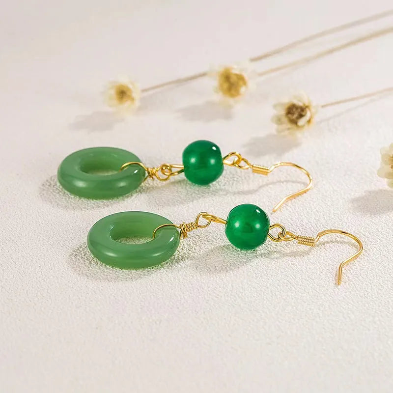 Green jade design peace buckle shape cheongsam earrings with zinc alloy construction