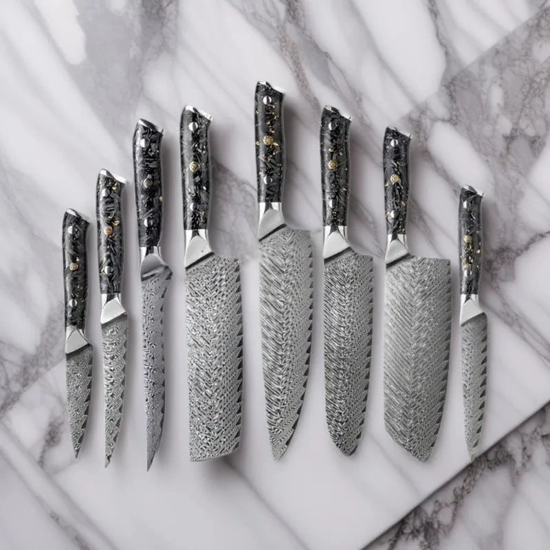Damascus steel eight-piece kitchen knife set showing fishbone pattern on blades, including fruit, steak, boning, and chef's knives.