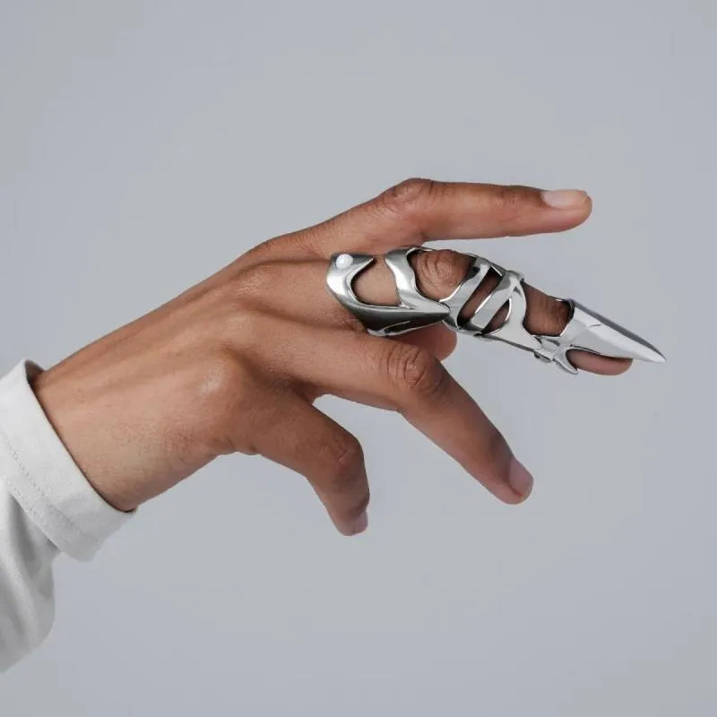 Silver alloy punk armour finger stall for alternative jewellery and costume styling