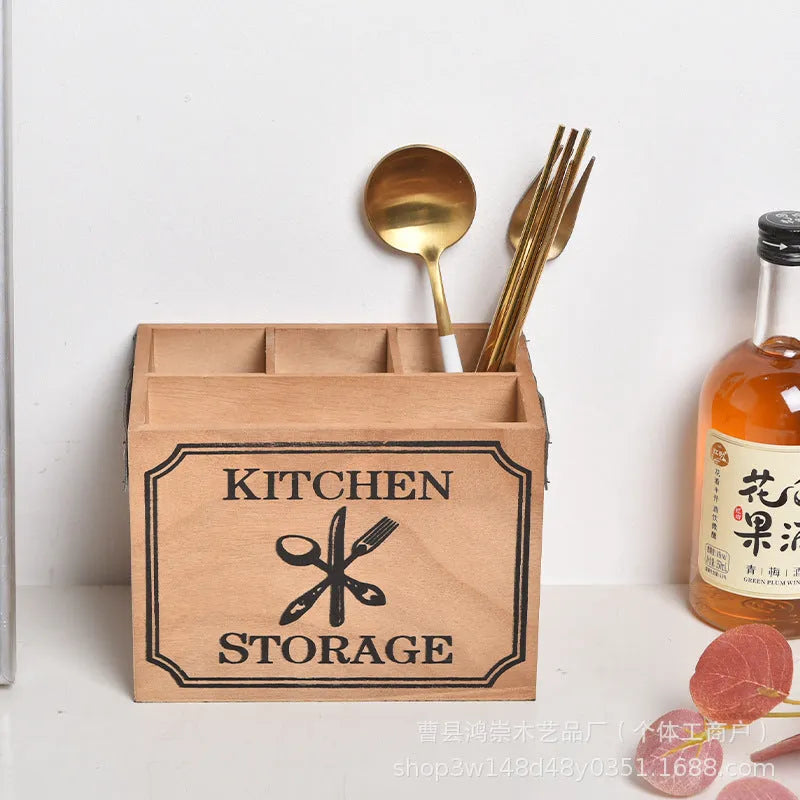 Wooden kitchen storage box with grid dividers for knife fork and chopstick organisation