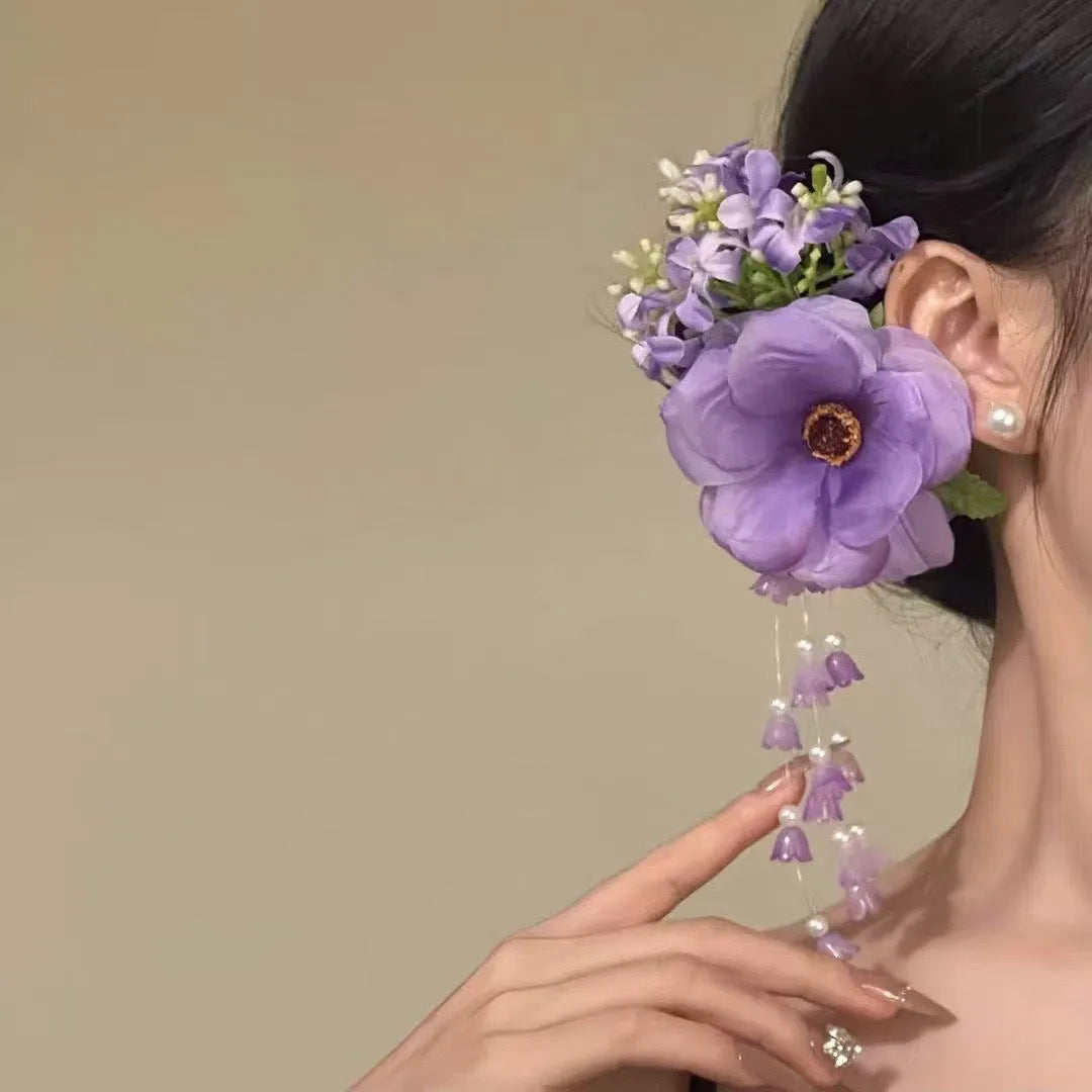 Yellow and purple floral tassel hair clips with side clip fitting for women