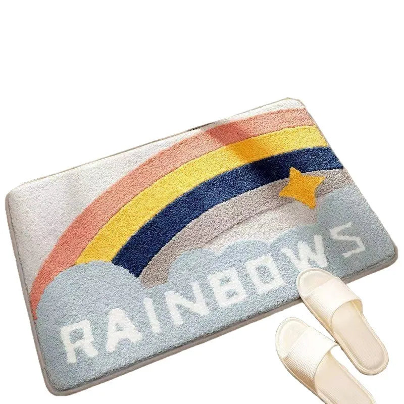 Sky Sea colour Rainbow print imitation cashmere floor mat with plastic anti-slip bottom, shown in square format.