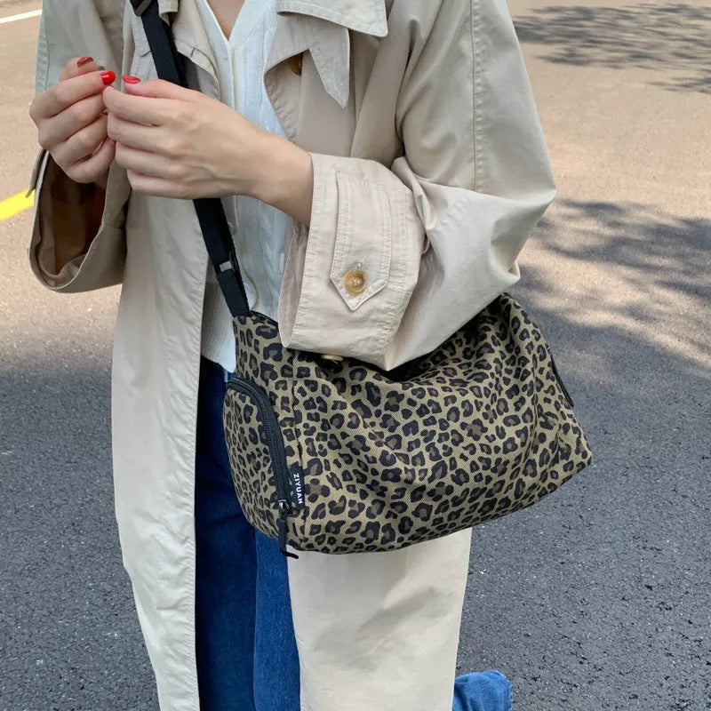 Leopard print cross-body messenger bag with sports style design and large capacity