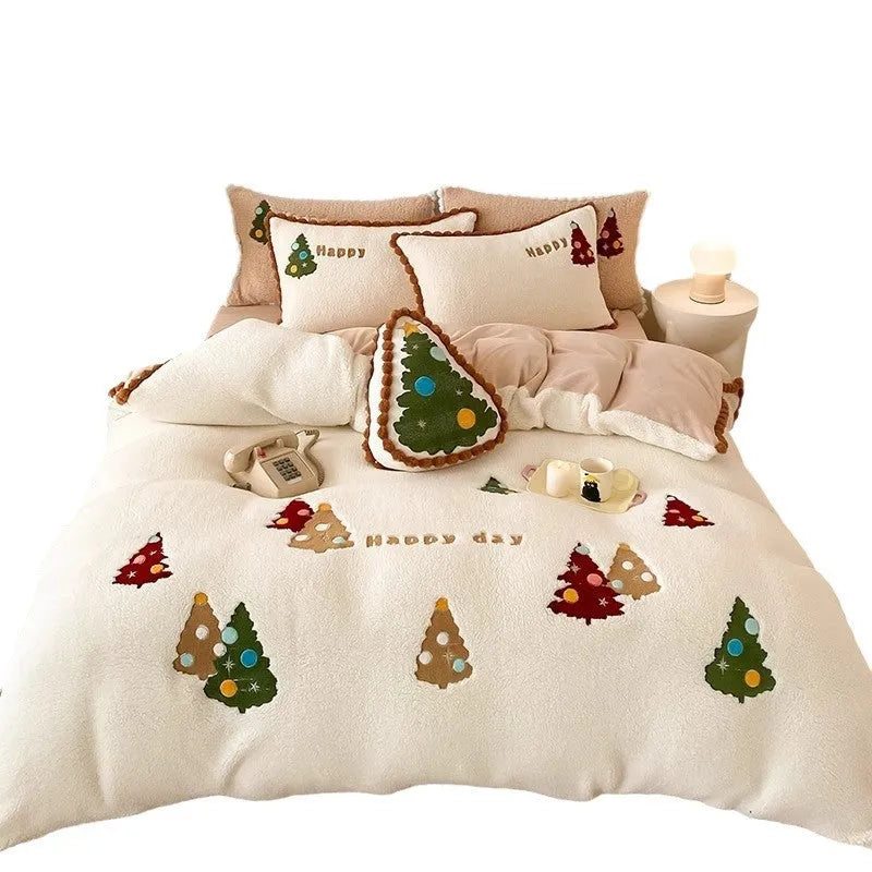 Bright yellow Christmas tree bedding set with fleece lining for winter warmth