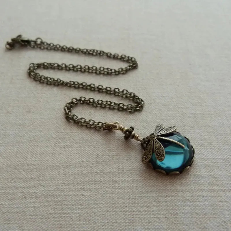 Yellow 925 silver hand carved dragonfly pendant necklace with pastoral style design
