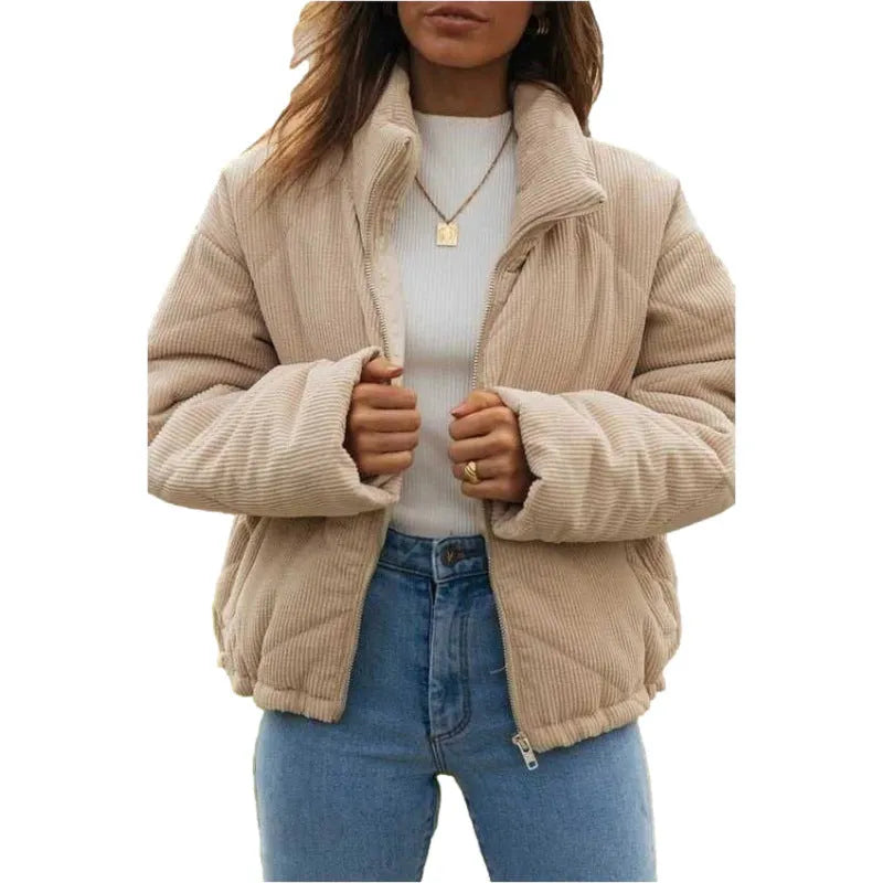 Apricot women's corduroy zip jacket with a stand collar and long sleeves.