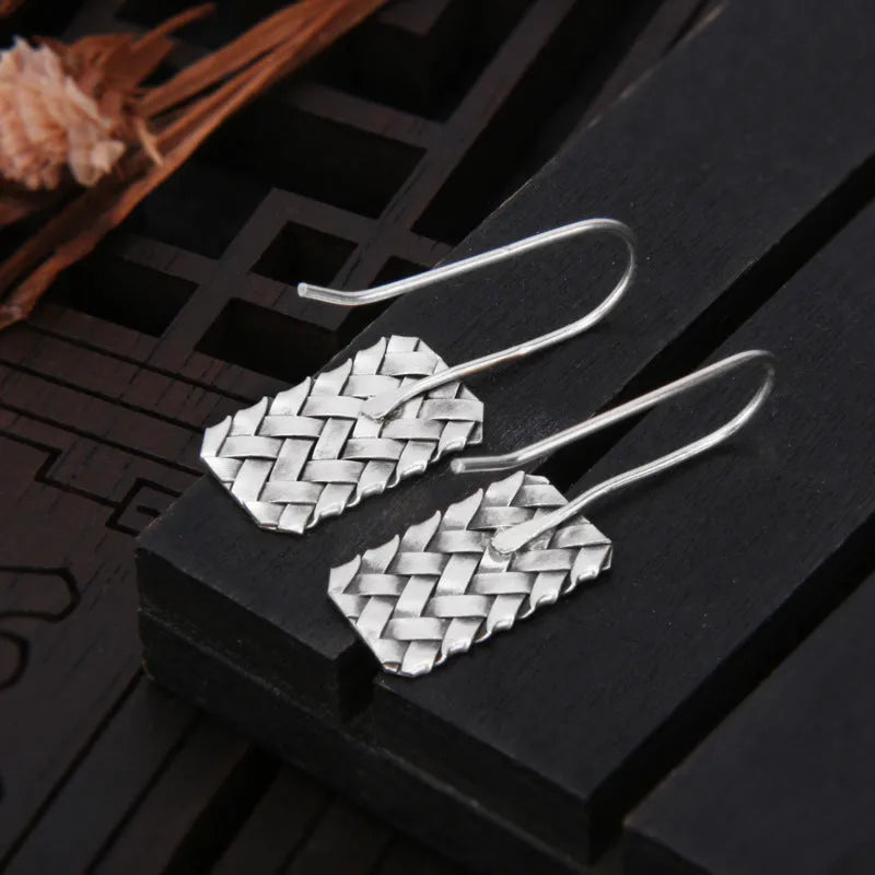 Geometric woven diamond plaid earrings in silver tone with 17.5mm height
