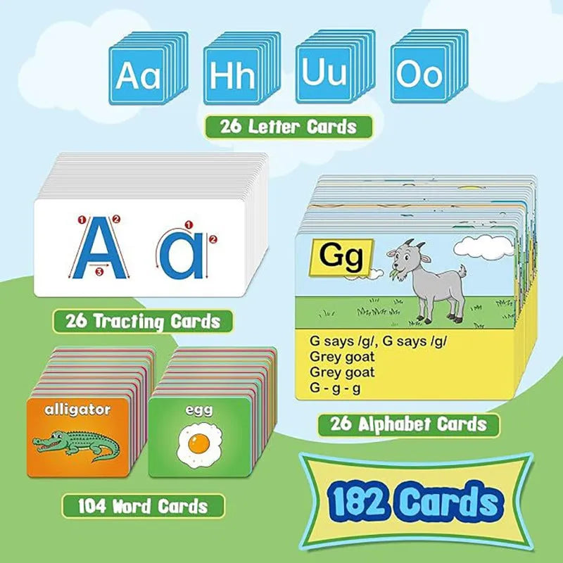 Large blue alphabet learning chart mat with word cards, letter cards, and picture cards for children's education