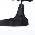 Black portable umbrella holder with fixed shoulder strap for 10-bone manual umbrellas on a mannequin.