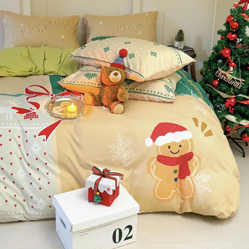 Christmas cartoon print bedding four-piece set showing sheet, duvet cover, and pillowcases.