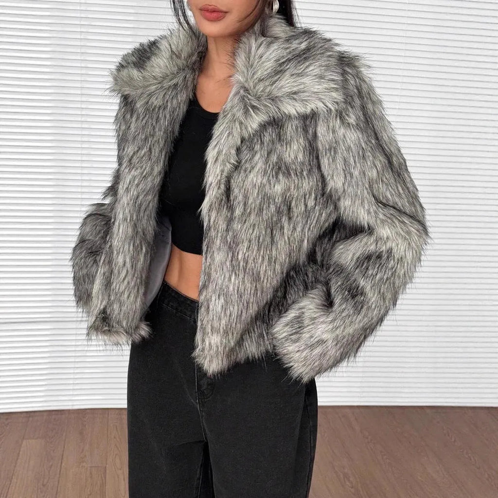 Artificial fur coat with fur collar in short 40cm length showing black tip on black colour variation