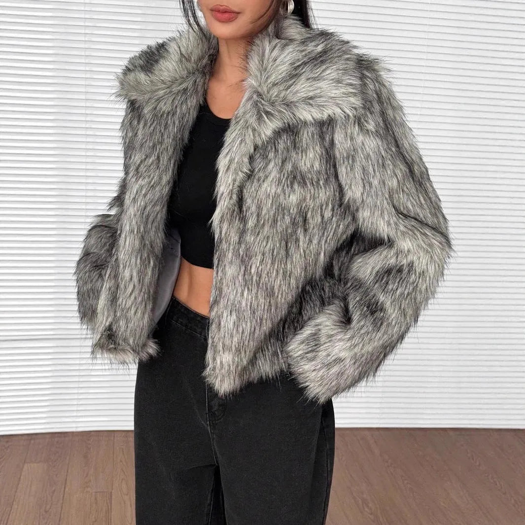 Artificial fur coat with fur collar in short 40cm length showing black tip on black colour variation