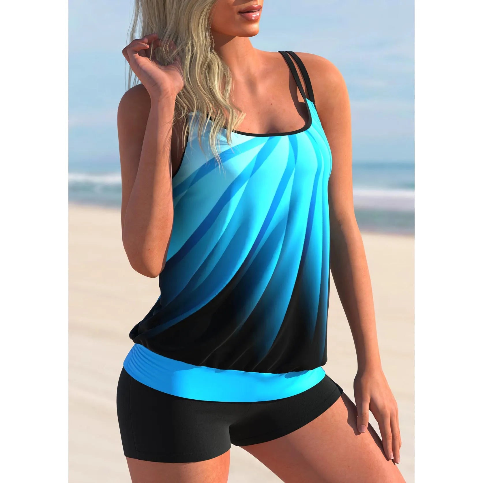 Plus size swimsuit set with printed strap top and matching shorts for women